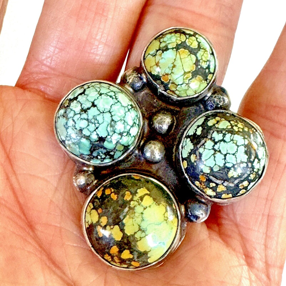 Modern Navajo‎ Spiderweb Turquoise Ring Sz 9 BIG Cluster Signed Harley Sterling